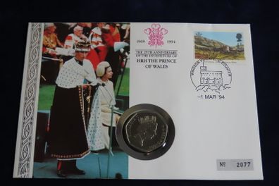 Prince Charles investiture 1969 - 1994  limited edition first day coin stamp cover | 1993 Fifty Pence BUNC
