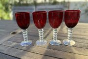 Ruby Red Wine Goblets With Clear 5 Bubble Stem - Set of 4