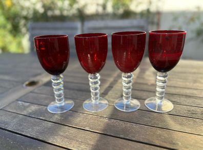 Ruby Red Wine Goblets With Clear 5 Bubble Stem - Set of 4