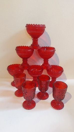 Fabulous Vintage Retro Set of Six Matching Red Sundae Glasses with a Relief Pattern Very Similar to the Very Popular Iittala Marimekko Maribowl Glasses in Cranberry - Perfect for Halloween