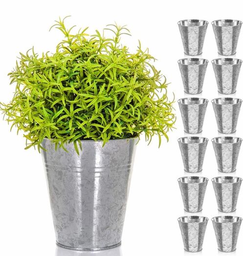 Pack of 12 Galvanised Iron Metal Flower Pots in Weather Resistant Metal for Indoor or Outdoor Use, Ideal for Plants, Herb Collection, Flowers and Shrubs