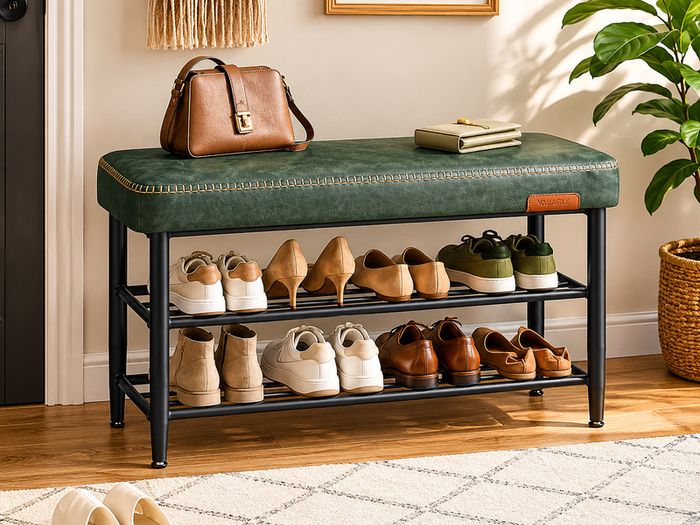 Shoe Storage Bench with Cushioned Seat  Faux Leather Entryway Bench