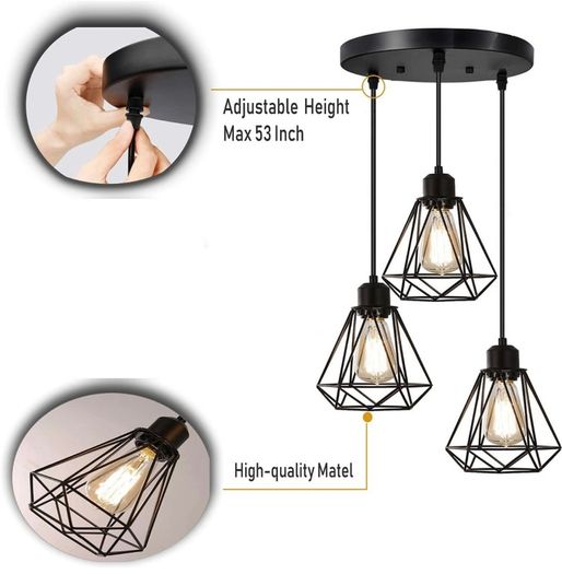 3-Light Pendant Light, Flush Mount Ceiling Light Fixture with Black Metal Cage Shade, Vintage Hanging Pendant Lighting for Kitchen, Island, Dining Room (FREE POSTAGE)