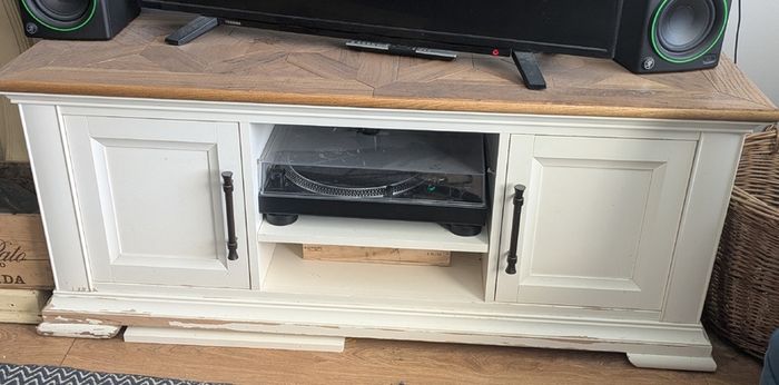 cream and wood TV cabinet