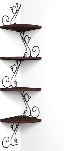 MULTIPLE COLOURS AVAILABLE Corner Shelf Wall Mount of 4 Tier Rustic Wood Floating Shelf Cat Shape Metal Stand for Bedroom Living Room Bathroom Kitchen Office and More Carbonized Black