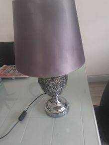 Table lamp with grey shade .Chrome and crackled glass .Can be seen working .Very modern .