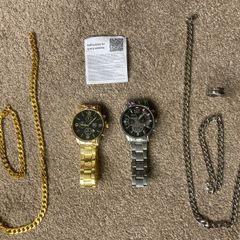 Mens watch, chain, bracelet - 2 sets (Gold and silver)