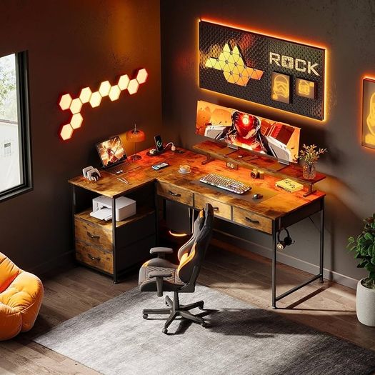 140cm Large Computer Desk with 5 Fabric Drawers, Home Office Work Desk with Power Outlets & Monitor Stand, L Shaped Gaming Desk with CPU Stand, Reversible Wooden Corner Desk, Rustic Brown