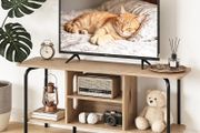 120cm Wooden TV Cabinets for Living Room,Oak TV Stand Cabinet with Arch Details &amp; Rounded Edges, Modern Media Console Table with Open Gaming Entertainment Center Shelves
