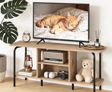 120cm Wooden TV Cabinets for Living Room,Oak TV Stand Cabinet with Arch Details & Rounded Edges, Modern Media Console Table with Open Gaming Entertainment Center Shelves