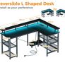 L Shaped Gaming Desk with LED Lights & Power Outlet, 150x102 cm Reversible Corner Desk with Storage Shelves, Computer Desks with Monitor Stand, Black Image 5