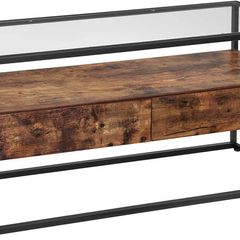 TV Stand for TVs up to 55 inches, TV Shelf, TV Stand, Lowboard, Glass Table, 2 Drawers, Living Room, Bedroom, Tempered Glass, Industrial Design, Vintage Brown/Black