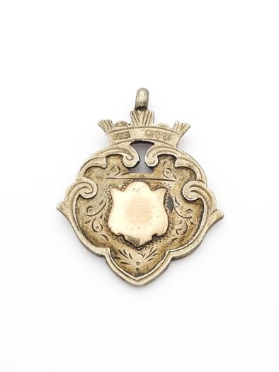 Antique 925 Sterling Silver Heraldic Fob Pendant, Rose Gold Detail Shield, Chester 1920