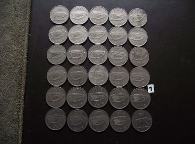 30 Irish 5 pence coins (1969-1982)