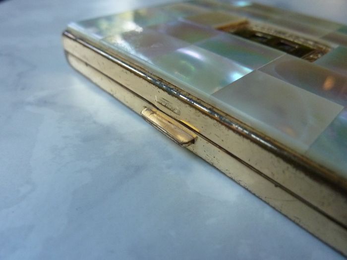 Rare and Genuine Art Deco AGME Switzerland Gold Tone Mother of Pearl Compact with Adjustable Initials