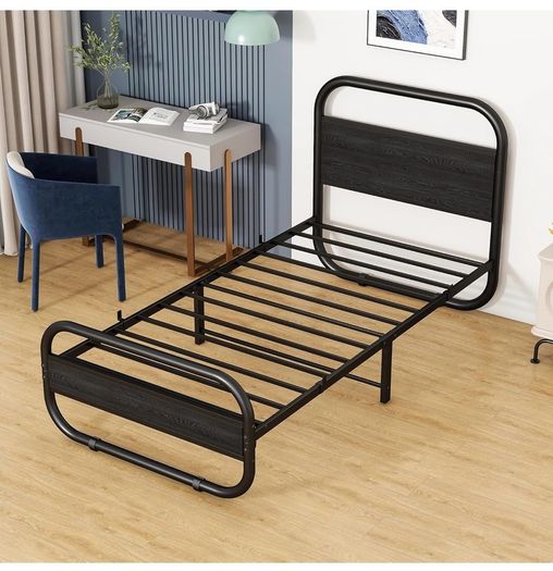 Single Bed Frame with Headboard, Black Single Bed 90x190 cm