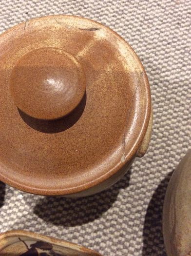 OFFERS WELCOME PLEASE -Ballydougan Stoneware Pottery - 4 Pieces . Biscuit ( Old Irish writing) Sugar and Tea lidded Jars and a shallow bowl shaped dish for biscuits