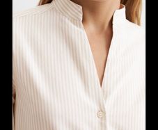 Marc O'Polo Striped Standing Collar Blouse Nautral Beige & White Organic Cotton Shirt