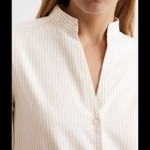 Marc O'Polo Striped Standing Collar Blouse Nautral Beige & White Organic Cotton Shirt
