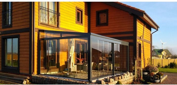 Tempered glass pergola with sliding door