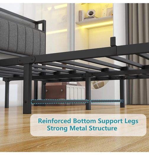 4ft6 Double Bed Frame With Storage Headboard, Dark Grey Upholstered Platform Bed Frame,Mattress Foundation,Metal Slat Support,No Box Spring Needed