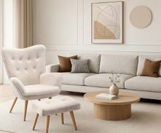 Armchair with Footstool Comfy Velvet Armchair Living Room Reading Chair Bedroom Accent Chairs Lounge Relax Arm Chair, Beige