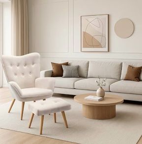 Armchair with Footstool Comfy Velvet Armchair Living Room Reading Chair Bedroom Accent Chairs Lounge Relax Arm Chair, Beige