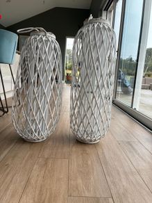 White Wicker Lantern Pair