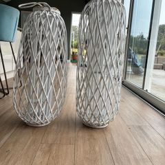 White Wicker Lantern Pair