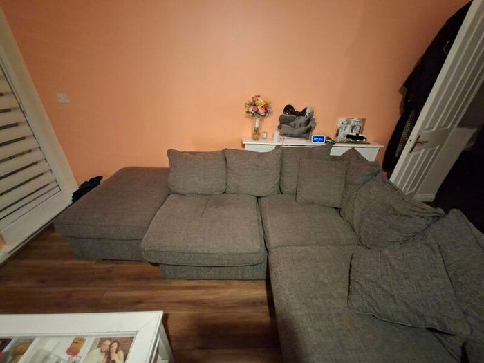 L couch, swivel love seat and large footstool