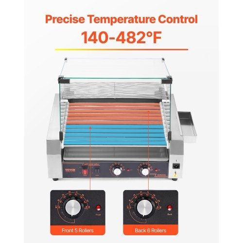 Hot Dog Roller, 30 Hot Dog 11 Rollers, Stainless Steel Sausage Grill Cooker, 2200W Commercial Hot Dog Machine with Dual Temp Control, Cover, Side Storage Box, Removable Shelf & Oil Drip Tray