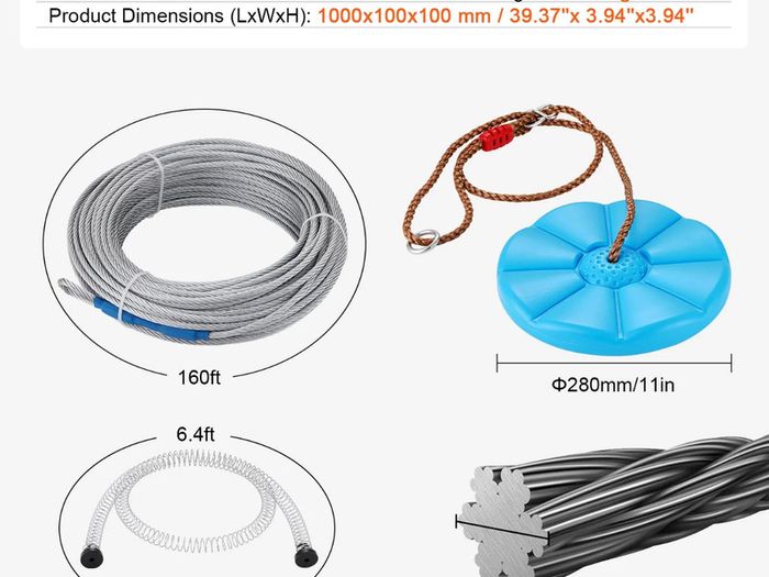 Zipline Kit for Kids and Adult, 48.77 m Zip Line Kits Up to 226.8 kg, Backyard Outdoor Quick Setup Zipline, Playground Entertainment with Stainless Steel Zipline, Spring Brake, Safety Harness, Seat