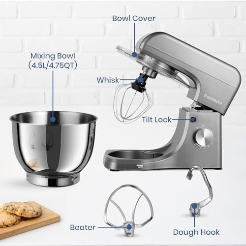 Electric Kitchen Stand Mixer: 1000W 8-Speed Compact Tilt-Head Household Food Mixer - 4.5L 304 Stainless Steel Bowl with Cover & Egg Whisk & Dishwasher Safe Dough Hook & Flat Beater