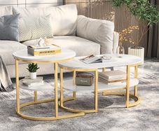 Coffee table/ Set of 2 Coffee Table/ Coffee Table with Storage Side Table, Marble Effect Coffee Table/ Modern metal Frame, Nesting Side Table.