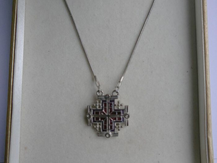 Vintage Silver 925 Jerusalem Cross Necklace Open Pendant Sterling Plated Holy Chain