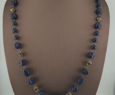 Antique African Style Cobalt Blue Glass & Brass Beads Long Necklace