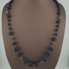 Antique African Style Cobalt Blue Glass & Brass Beads Long Necklace