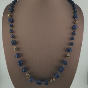 Antique African Style Cobalt Blue Glass & Brass Beads Long Necklace