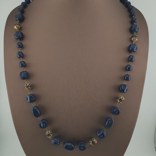 Antique African Style Cobalt Blue Glass & Brass Beads Long Necklace