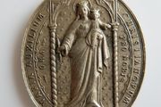 Antique Religious Large  Pendant. Saint Virgin Mary &amp; Jesus Christ Child and  chain