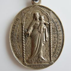 Antique Religious Large  Pendant. Saint Virgin Mary & Jesus Christ Child and  chain