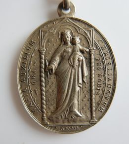 Antique Religious Large  Pendant. Saint Virgin Mary & Jesus Christ Child and  chain