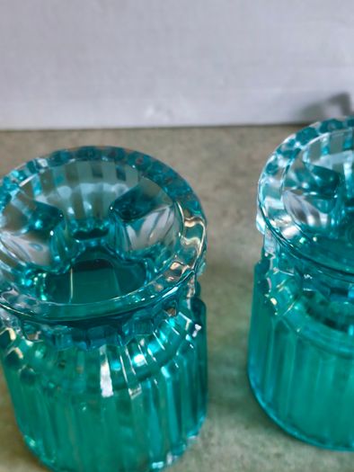 Double Sided Blue Ribbed Candlestick/Tealight Holders- Set of 2.