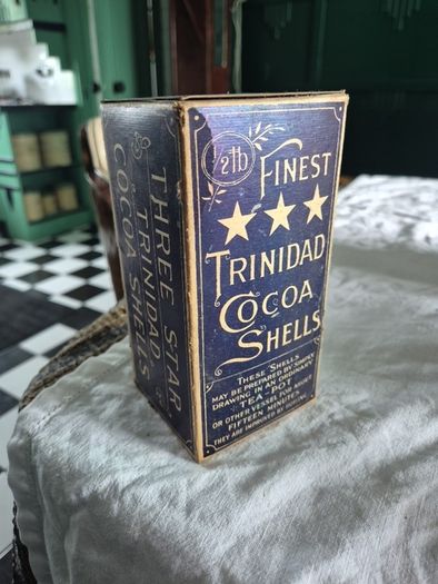 Antique Vintage Trindad cocoa shells cardboard packaging with product