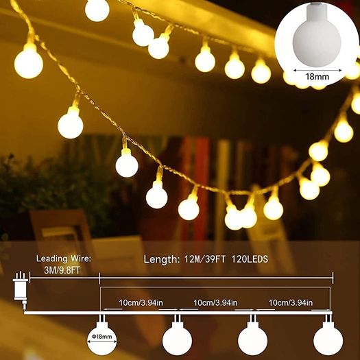 Globe String Lights Waterproof, 15M/49ft 120 LED Fairy Lights Plug in, 8 Modes Christmas Lights Outdoor/Indoor, Garden Lights for Patio, Gazebo, Bedroom, Party Decorations (FREE SHIPPING)