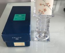 Duisce Cut Glass crystal candle holder with candle.