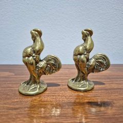 Vintage Solid Brass Rooster Figurines / Paperweights (Pair)