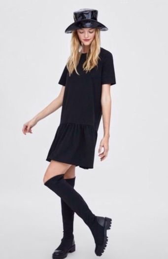 Zara textured oversized mini black dress with frill hem