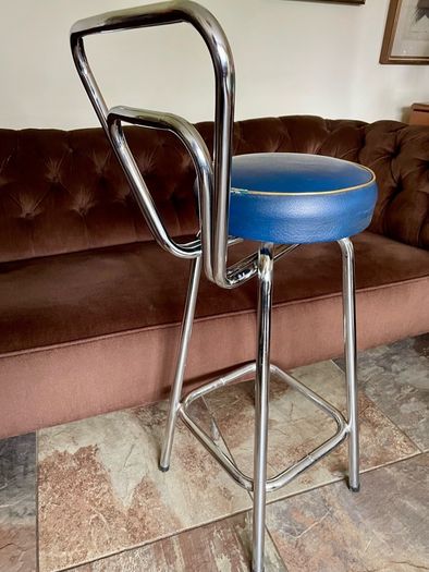 Mid 1959s Art Deco Inspired Chrome Bar Stool with Original Seat Top