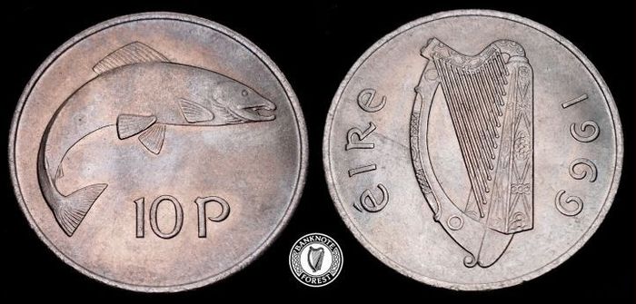 [#2392] - Ireland 1969 | Irish 10p | 10 Pence | Salmon | KM.23 | TONED